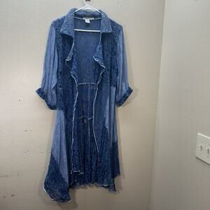 Feratelli Cardigan SZ L Blue Lace Patchwork Long Open Front Boho Fairy Kimono